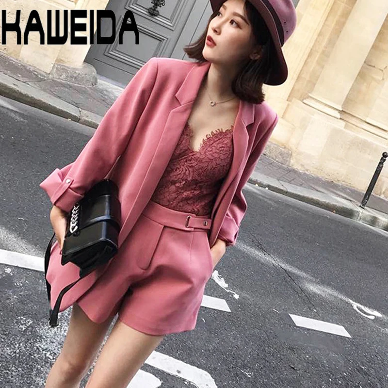 2019 Женский блейзер розовый длинный рукав блейзеры однотонное пальто на одной