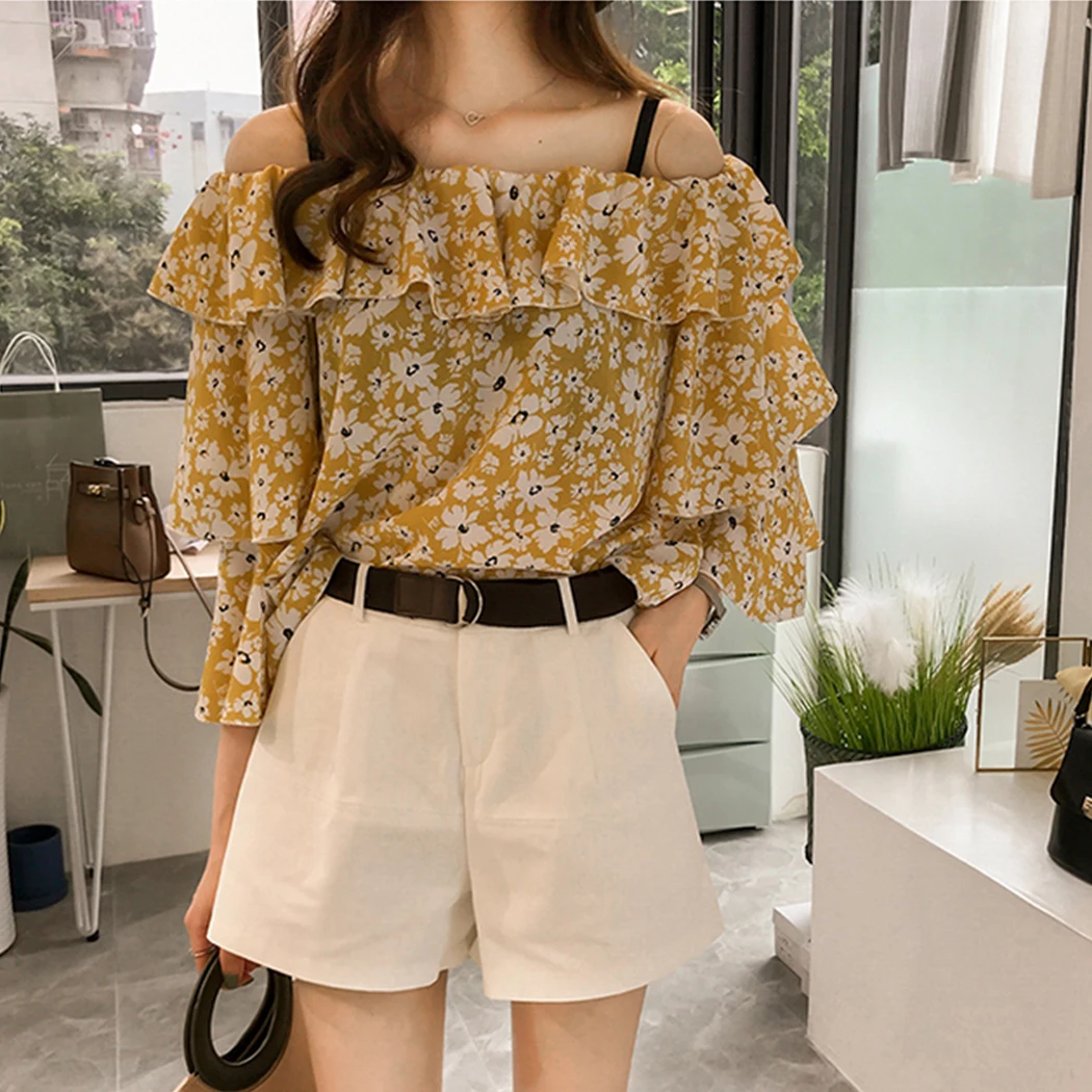 Модные женские шифоновые Блузы с открытыми плечами элегантные летние рубашки