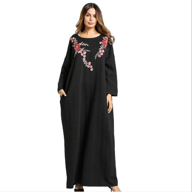 Женское зимнее платье с вышивкой Abaya утепленное трикотажное хлопковое длинное