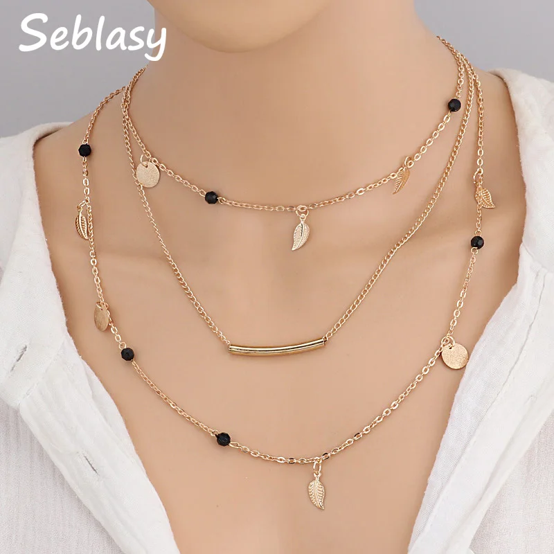 

Seblasy 3 Layer Bohemian Clavicle Chain Black Beads Alloy Sequins Stripe Leaves Chain Necklaces & Pendants for Women Jewelry