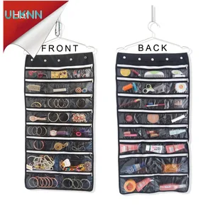 44 Pockets Oxford Hanging Jewelry Organizer with Zipper Hanger Black Color Double Sided Storage