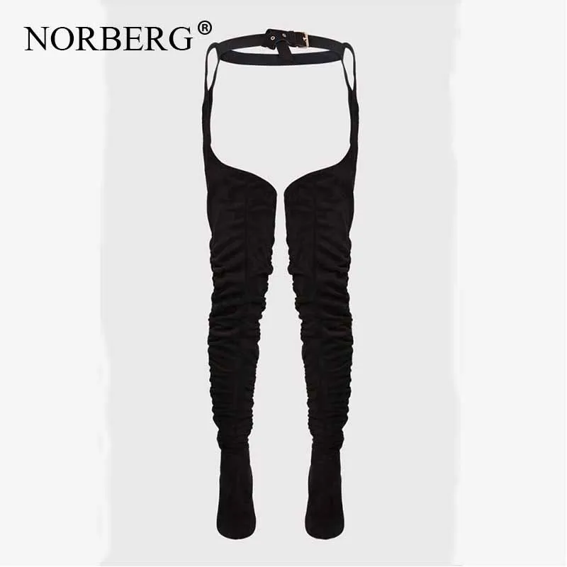 NOORBERG/высокие сапоги до бедра; черные пикантные Женские Сапоги выше колена в стиле Рианны; обувь с острым носком из плиссированной замши на высоком каблуке - Цвет: Черный