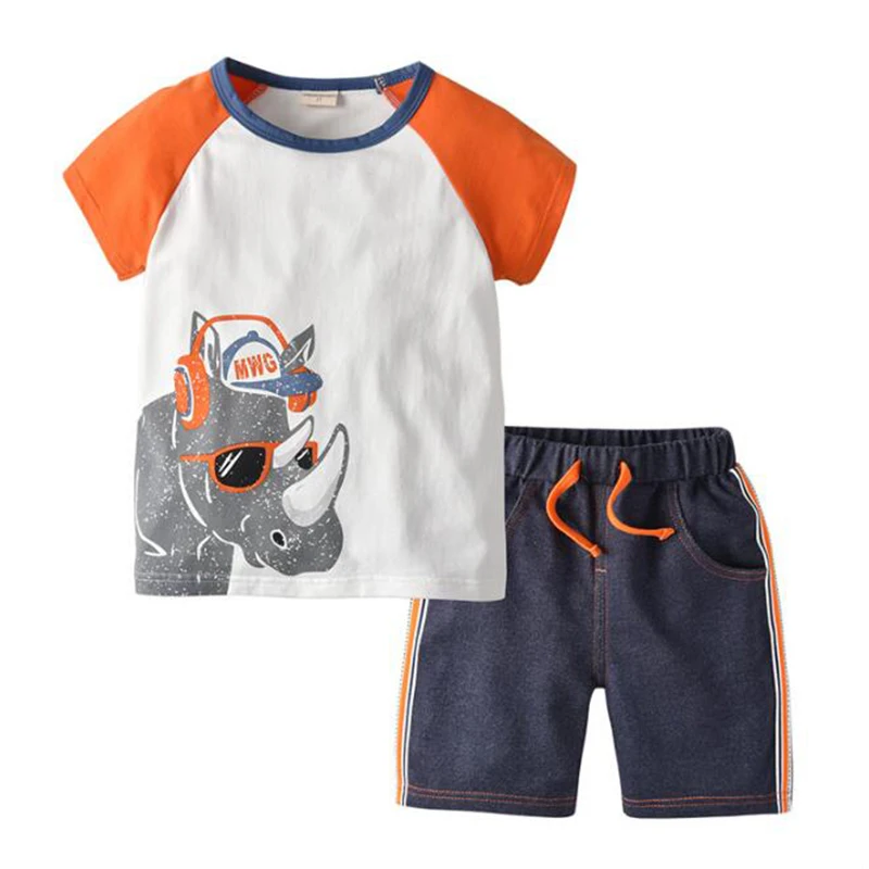 Orange Set BINIDUCKLING/ г. модная летняя одежда для маленьких мальчиков футболка с короткими рукавами с рисунками животных+ шорты хлопковая одежда для новорожденных мальчиков - Цвет: Orange Set