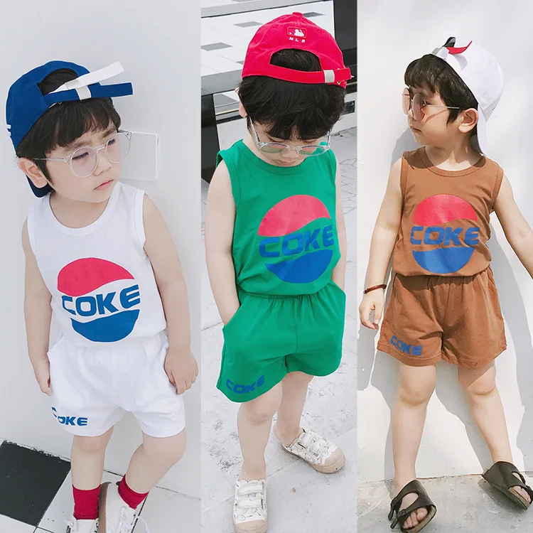 Summer Children Clothing 4-colors Baby Girls And Boys Coke Pattern O-Neck Sleeveless Cloth Set Cotton Material Cute Lovely | Детская
