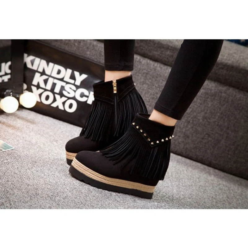 

Shoes Ladies Ankle Boots Black Fashion Boots Flock Fringe Platform Shoes for Women Flats Heels Winter 2021 FSJ Fashion Rivet