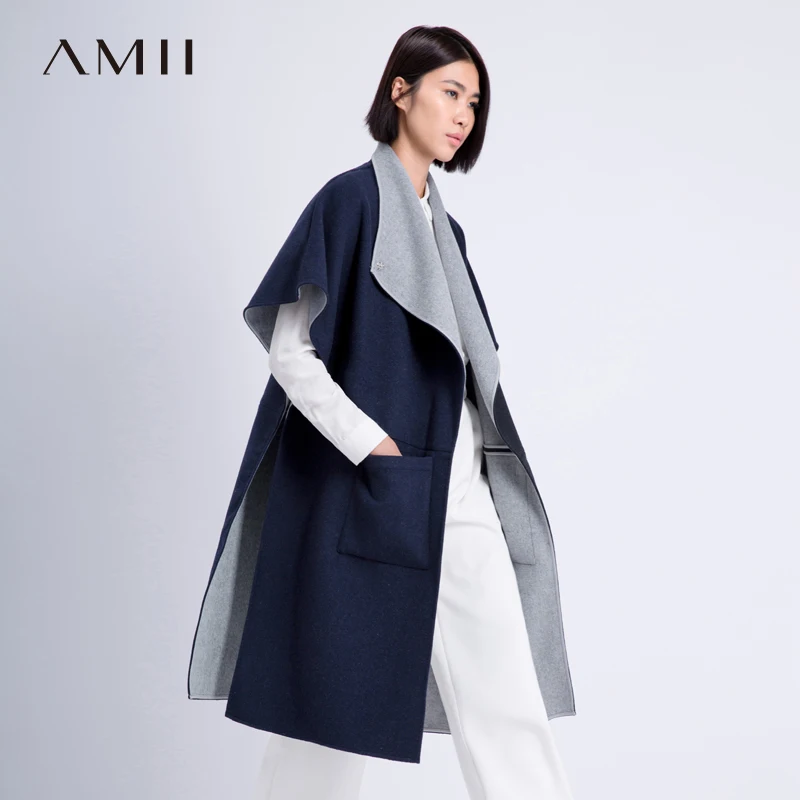Amii Casual Women 2018 Winter Woolen Coat Cloak Turn-down Collar Pocket Female Wool Blends | Женская одежда