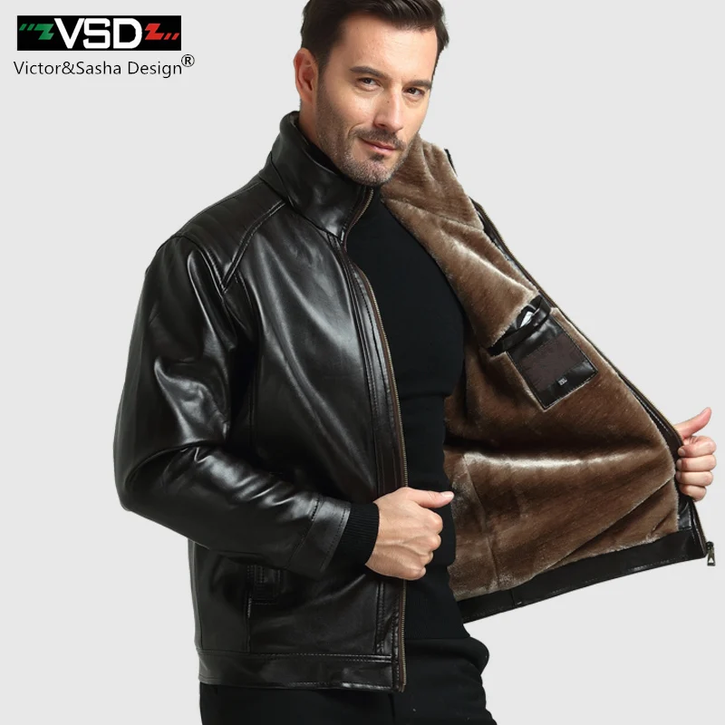 VSD Winter Business Casual Leather Jacket Men Thick Liner PU Suede faux fur collar Male leather jackets coats Outerwear B01