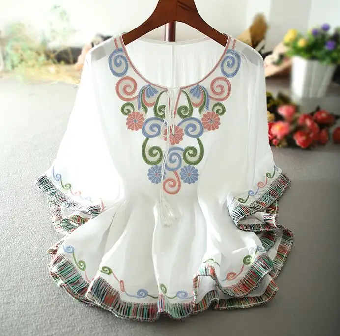 Women's Spring summer butterfly Sleeve embroidery Shirt Female Vintage National Loose Casual Shirt Blouse TB1353