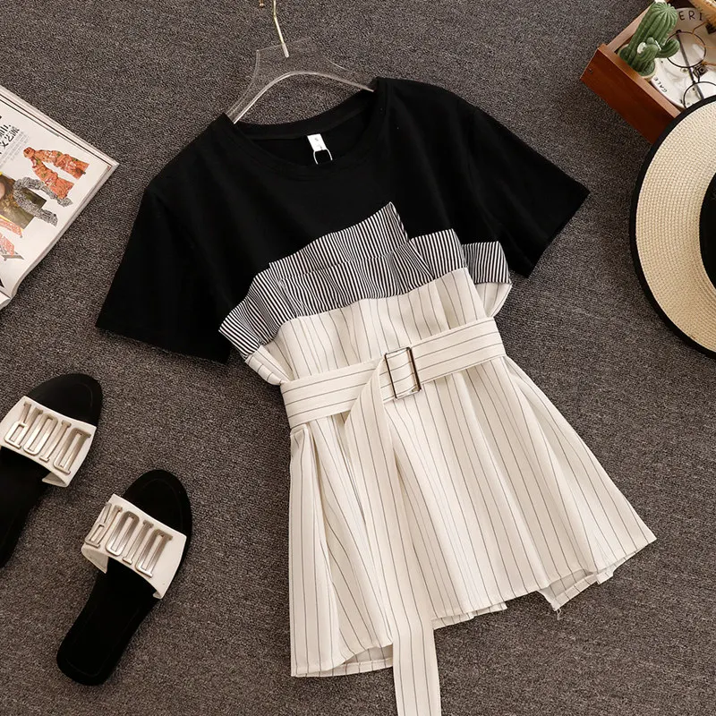 2019 летняя женская мода короткий рукав пэчворк полосатая футболка с поясом