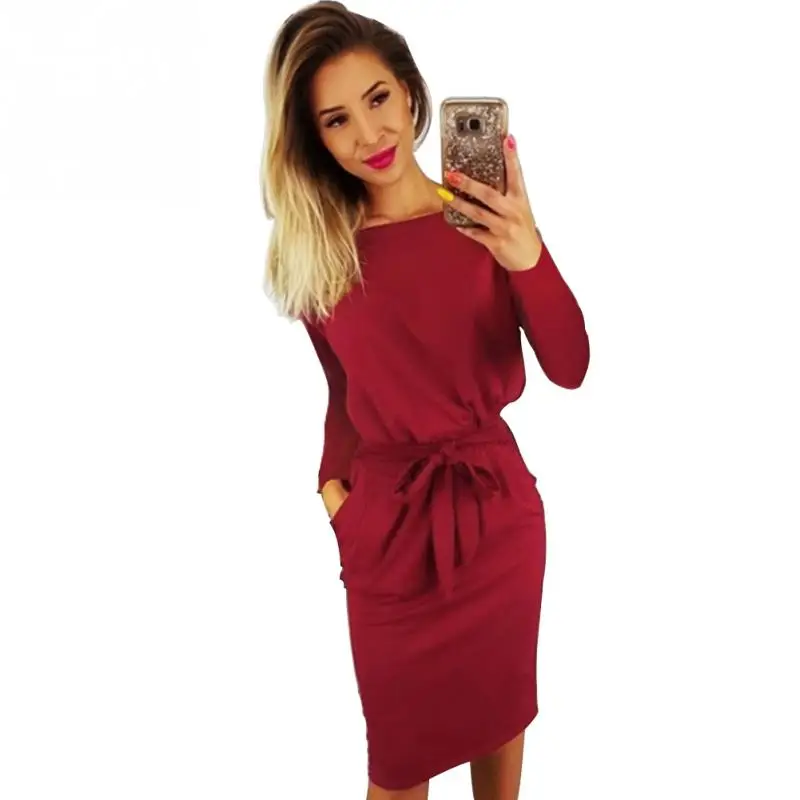 2018 осень Для женщин с длинным рукавом платье на шнуровке хлопок тонкий миди дамы