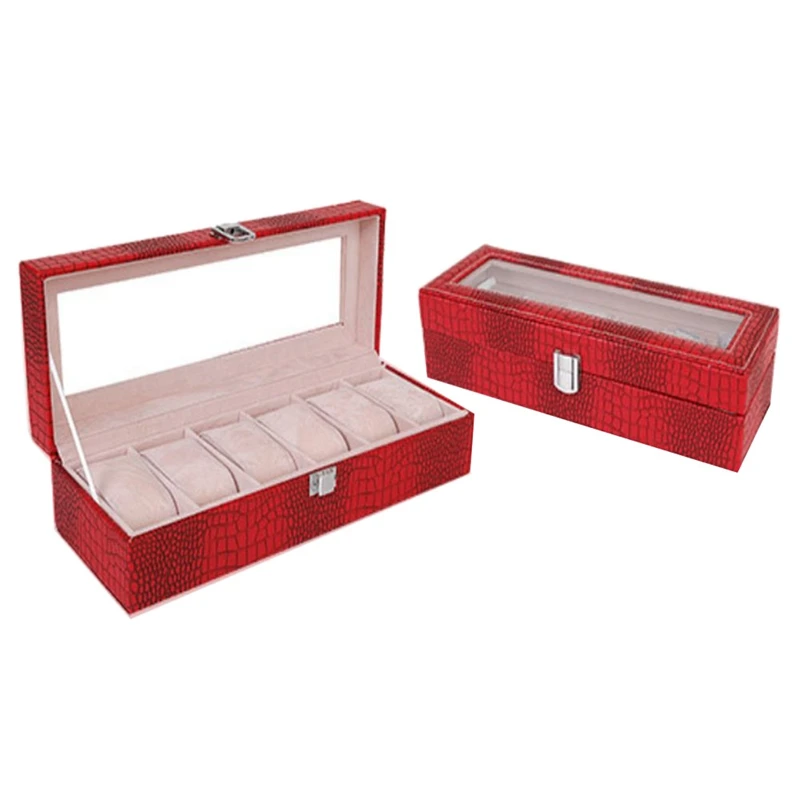 Red Watch Box Large 6 Men Women Crocodile Grain Leather Display Glass Top Jewelry Case - Цвет: Red
