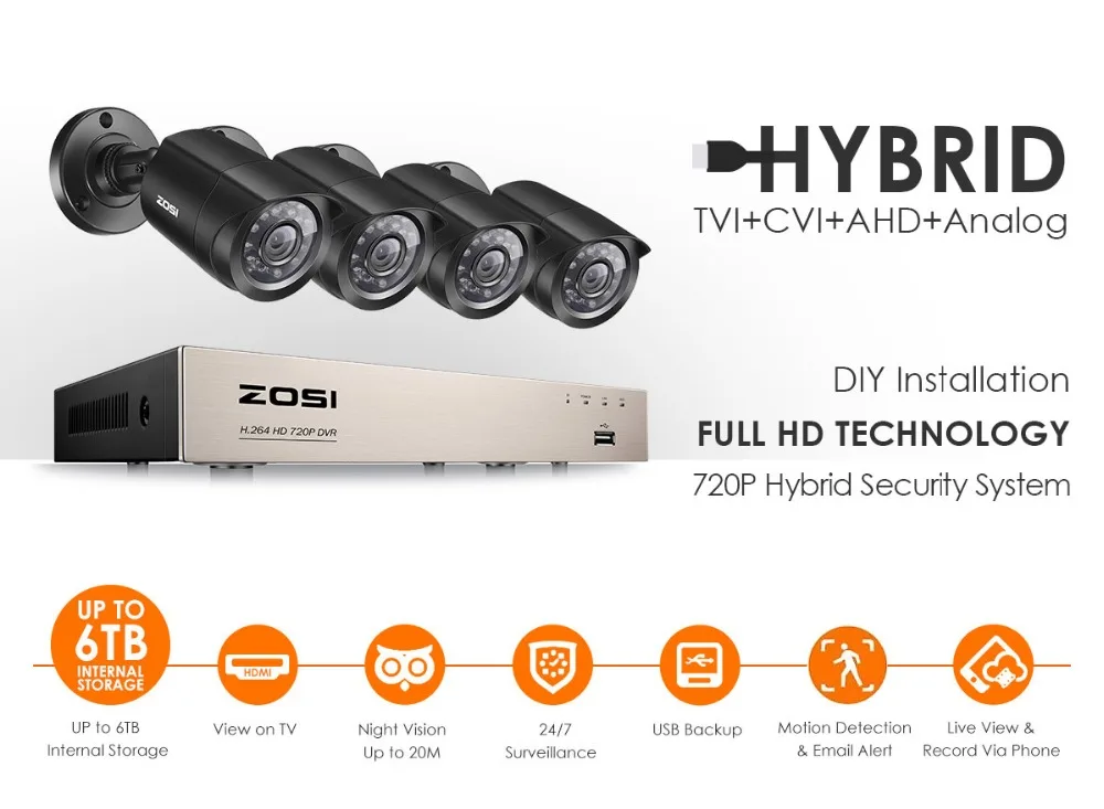 ZOSI 8CH 720P CCTV система 4в1 1080N DVR 720P Водонепроницаемая ИК наружная CCTV камера безопасности домашний комплект видеонаблюдения