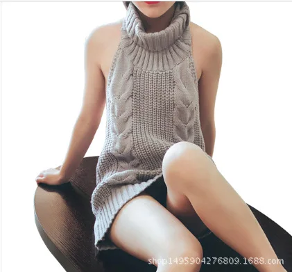 Virgin Killer Sweater Women 2019 Summer Solid Sleeveless Turtleneck Long Sweaters Korean Sexy backless Knitted Pullovers Tops | Женская
