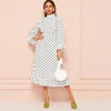 SHEIN Расклешенное Платье В Горошек Со Стоячим Воротником Женское Белое Осеннее Богемное Платье С Длинными Рукавами И Оборками