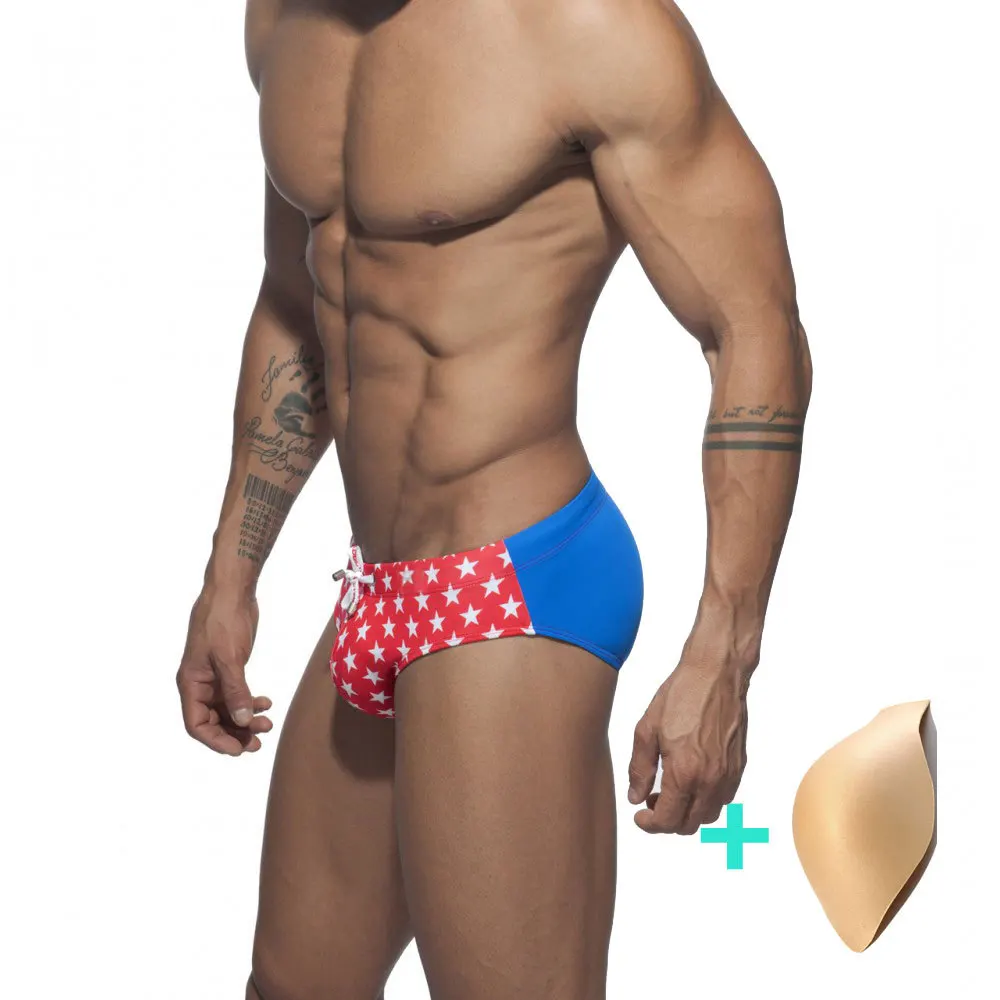 

2018 men's Brand swimming sexy low waist briefs withpad swimwear Pentagram patchwork shorts hot sell Summer for male Swim