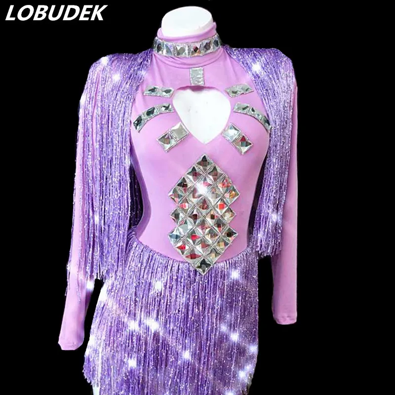 Purple Rhinestones Long Sleeve Tassels Bodysuit Female Dancer Performance Costume Bar Nightclub DJ Singer Stage Fringe Jumpsuit