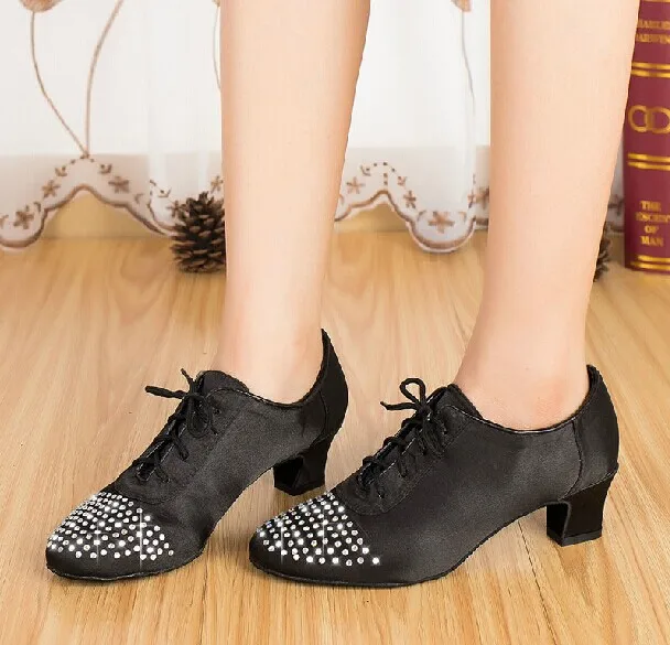 Женские туфли для латиноамериканских танцев со стразами квадратная Черная