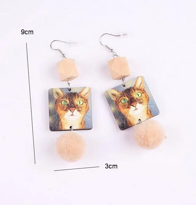 Lovely Harajuku Funny Wood Drop Earrings Little Cat Fuzzy Ball Dangle for Women Girl Fashion Printed | Украшения и аксессуары