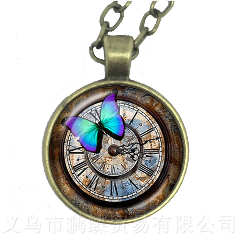 Новинка винтажное ожерелье с бабочкой и часами стеклянный кабошон мариновая