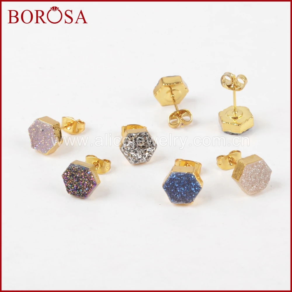 BOROSA друзовидный камень серьги для женщин модный шестигранный золотой цвет друза