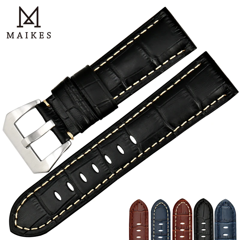 

MAIKES New design watchbands 22 24 26mm watch accessories genuine leather band watch strap stainless steel buckle for Panerai