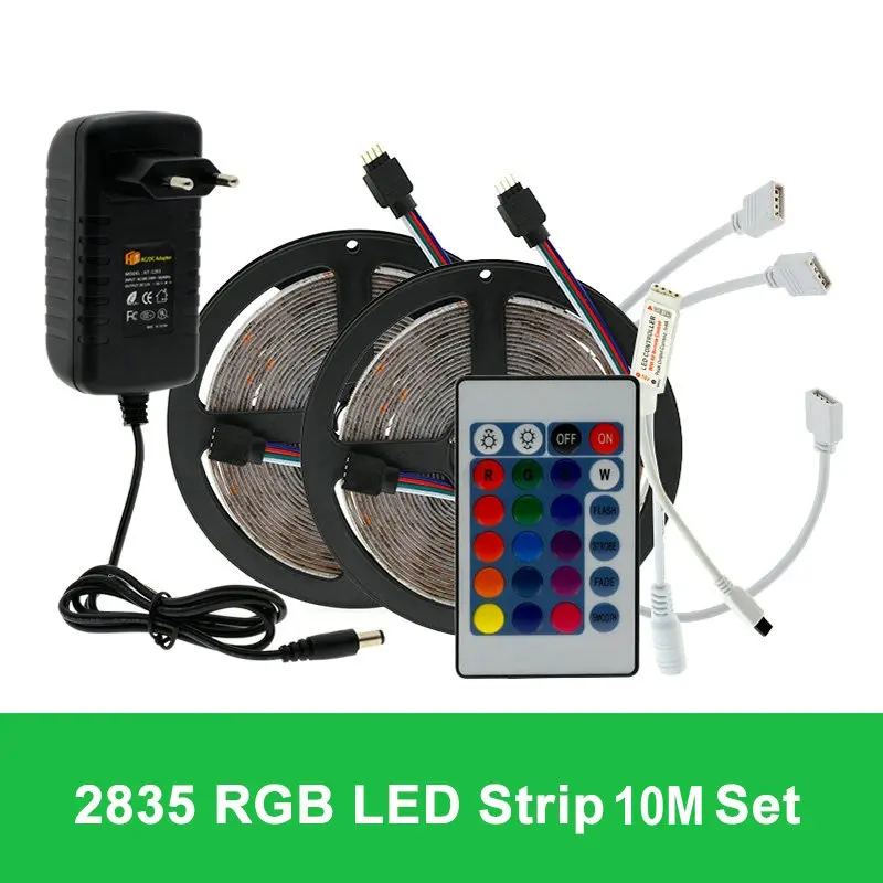 Цветная(RGB) Светодиодные ленты набор 5M 2835 5050 RGBW/RGBWW Светодиодные ленты светильник+ ИК-пульт дистанционного управления+ DC12V Мощность адаптер светодиодный гибкая неоновая лента - Испускаемый цвет: 2835 RGB 10m Set