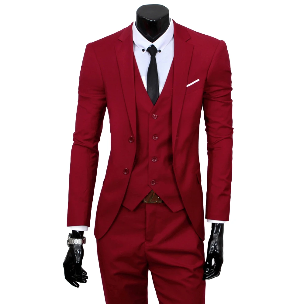 Wine red Three-piece Мужской Модный деловой Тонкий костюм классический свадебный Повседневный костюм мужской комплект из 3 предметов(куртка+ брюки+ жилет - Цвет: Wine red Three-piece