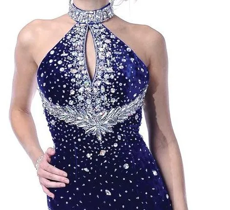 Elegant Halter Backless Beading Chapel Train Royal Blue Sparkle Velvet Mermaid Evening Dress | Свадьбы и торжества