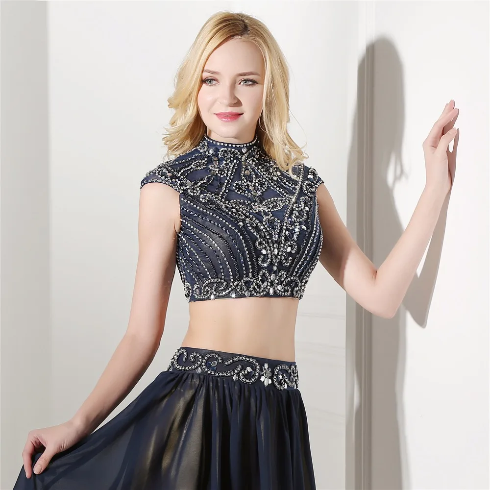 

BRLMALL 2017 Navy Blue Two Pieces Homecoming Dresses High Neck Beaded Crystal Prom Dresses Cap short sleeves Graduation Dress