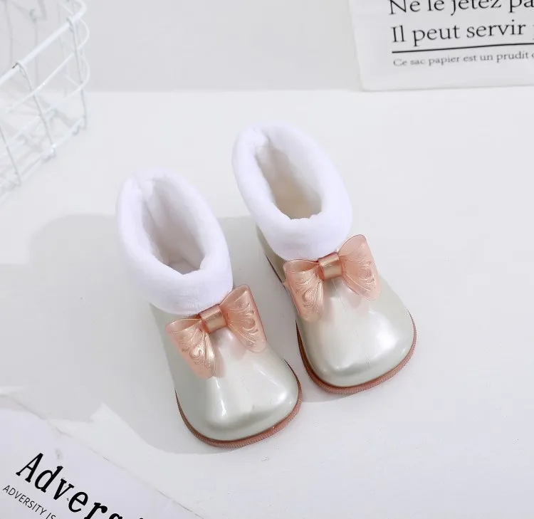 Mini Melissa/зимние резиновые сапоги с бантом; оригинальные 1:1 сапоги для девочек; Новинка года; прозрачные сандалии для девочек; детские непромокаемые ботинки для малыша из водонепроницаемого материала