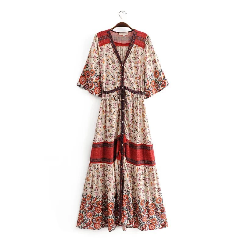 TWOTWINSTYLE летнее пляжное платье с принтом для женщин V образным вырезом три четверти рукав Высокая талия хит цвет Бандажное макси платья женские