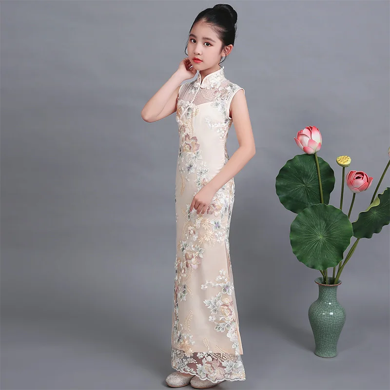 Children qipao long elegant slit dress mermaid fishtail girl cheongsam summer chinese style evening tang suit princess lace kid | Детская