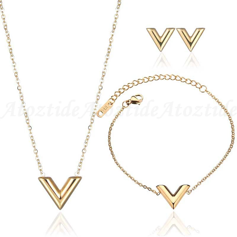 gold 3 pcs set Atoztide Шарм для женщин нержавеющая сталь письмо V Ювелирные наборы Бренд пирсинг серьги-гвоздики кулон с регулировкой браслет - Окраска металла: gold 3 pcs set