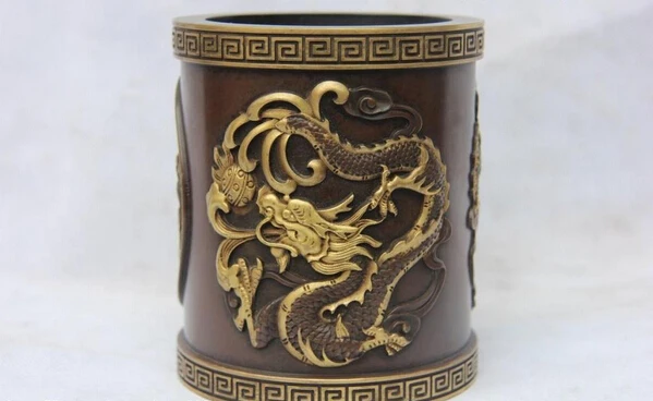 

song voge gem S1367 Palace Red Copper 24K Gold Gilt Bronze WenFang Shou Dragon pencil vase brush pot