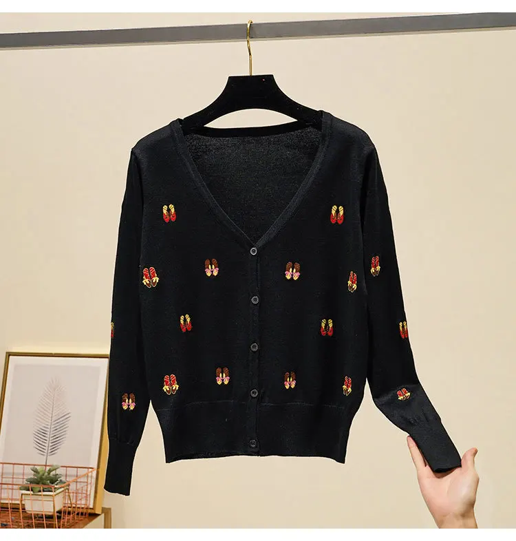 Baharcelin Embroidery cat Sweater jacket Women Cardigan Knitted Coat Jumper Crochet Casual V-Neck Woman Cardigans Tops |