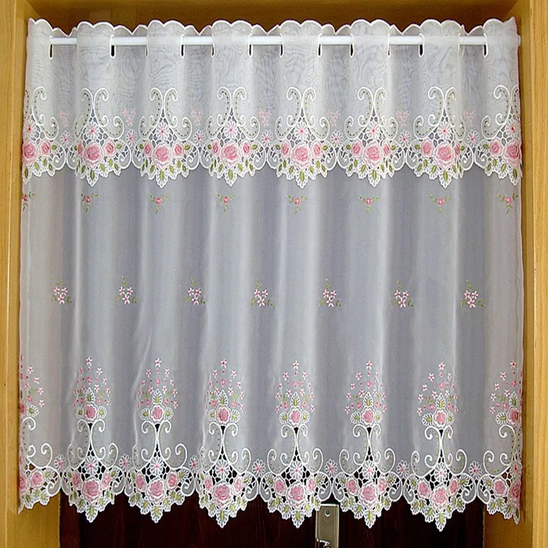 

Rural Style Short Curtain Embroidered Transparent Tulle Valance Blackout Curtain Embroidery Hem Curtain for Kitchen Cabinet Door