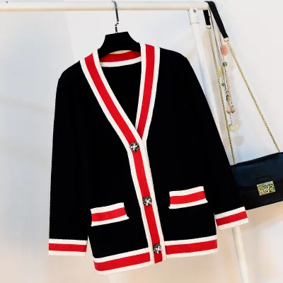 black Женский кардиган, вязаный роскошный свитер, Брендовое качественное пальто, Женский вязаный кардиган с жемчугом и бриллиантами - Цвет: black