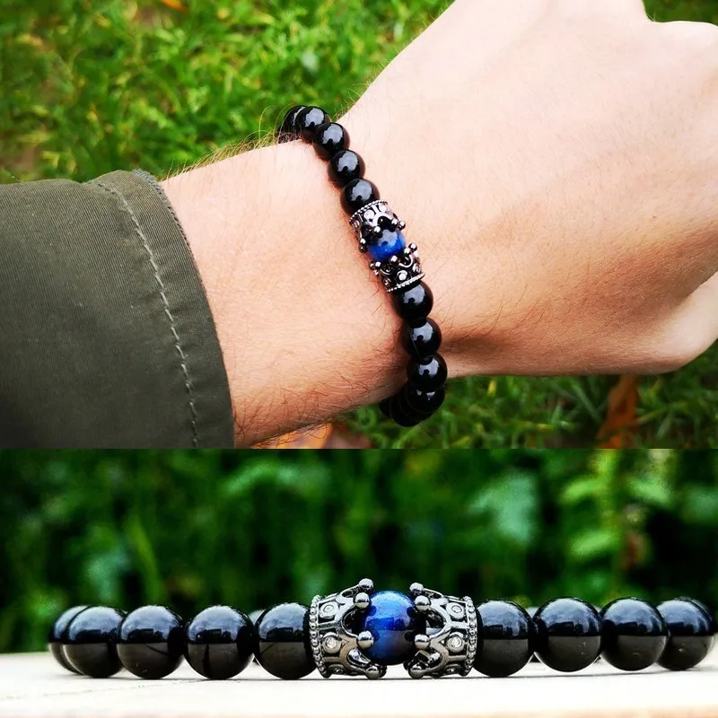 

Newelry 2019 Men bracelet luxury Fashion Pave CZ charm crown blue Bead bracelets For Men Jewelry pulsera erkek bileklik gift