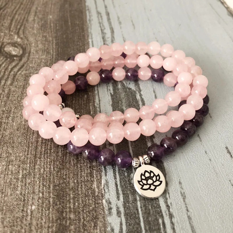 Женский браслет с розовым кварцем и аметистом розовый бусинами 108|bracelets for|pink