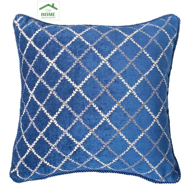 

2016 beHome Blue Diamond Lattice Jacquard Woven Chenille Decorative Pillow Case Square Cushion Cover 45 x 45 cm