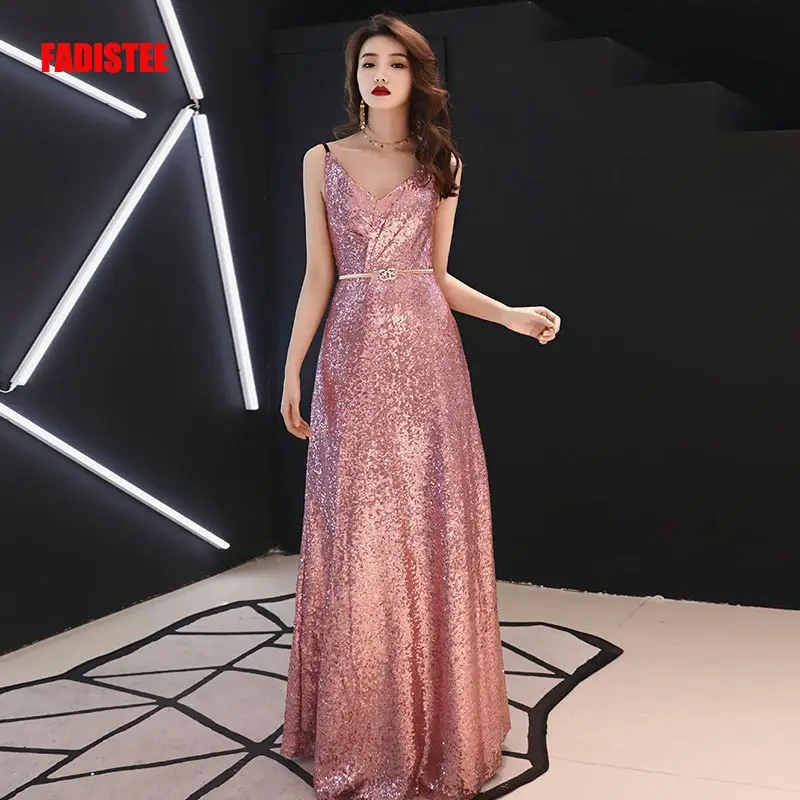 FADISTEE Новое поступление vestido de festa длинное вечернее платье для невесты, вечеринки, выпускного вечера, платья с блестками А-силуэта на тонких бретелях, сексуальное простое - Цвет: photo color