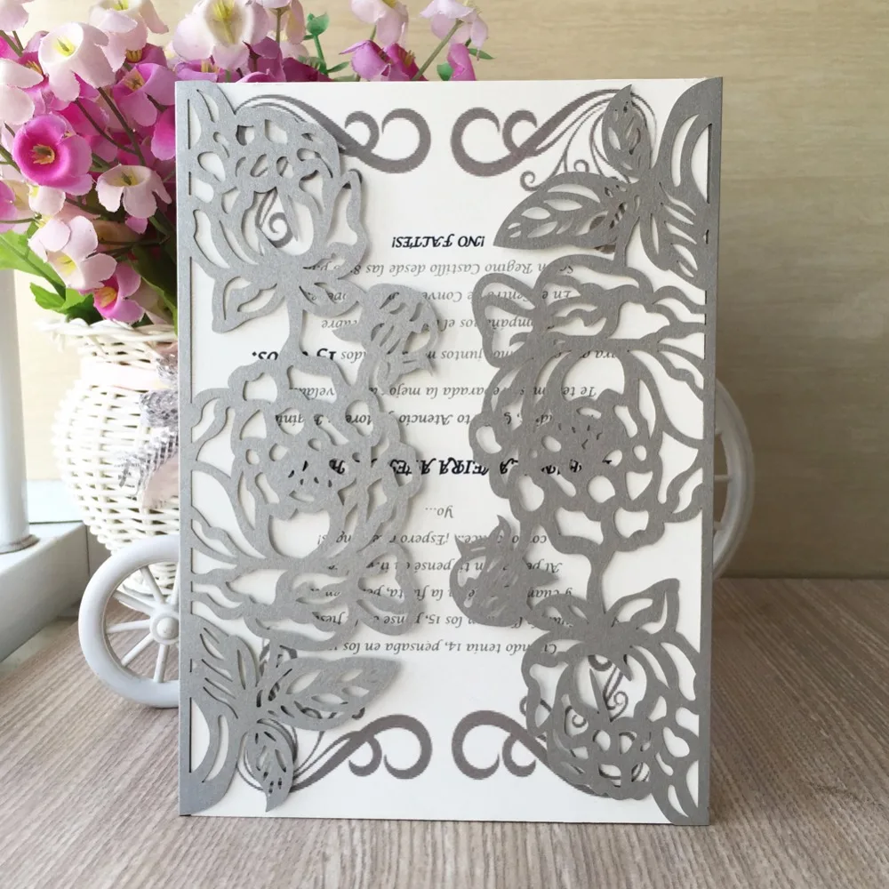 

50 pcs/lot Hot Sale Wedding Invitation Card Flower Openwork Delicate Design Wedding Greeting Party Cards QJ-240