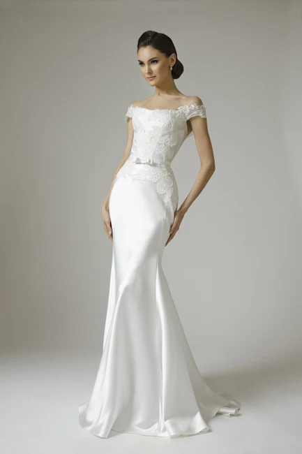 Русалка Бато Cap Рукава Аппликации Белый Атласные Кружева Свадебные Платья 2015 Sexy