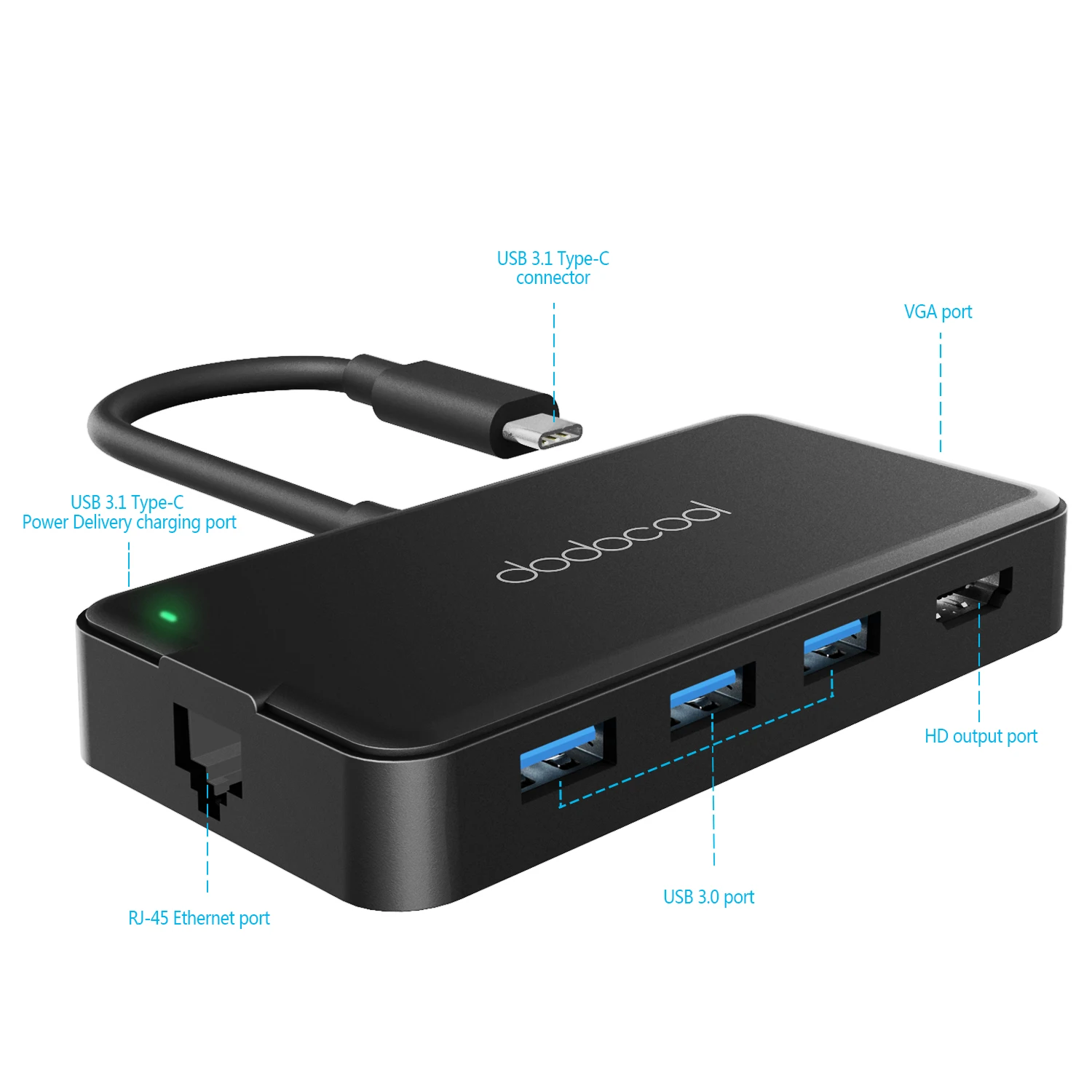 Многофункциональный адаптер dodocool 7 в 1 с выходным портом 4K видео HD/VGA и 3