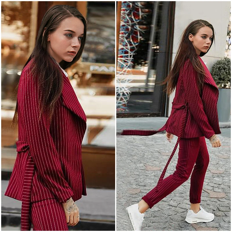 Вина Striped Belted Для женщин костюмы Двойка комплекты 2018 осень-зима элегантный