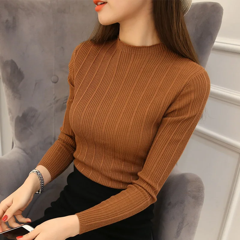 

2021 New High Quality Autumn Winter Women Sweater Pullovers Knitwear Solid Half Turtleneck Long Sleeve Sexy Slim Chandail Femme
