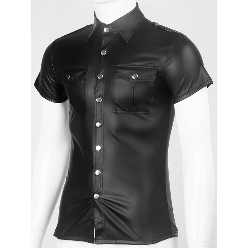 Black Sexy Mens Soft Faux Leather Police Uniform Shirt Tops with Snap Down Collar Plus Size Short Sleeve Clubwear | Мужская одежда