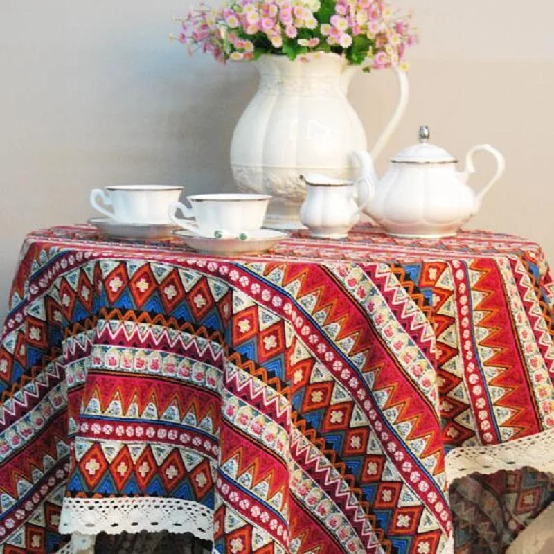 скатерть Винтаж Кружево вышитая Полосатый печати Скатерти синий и красный цвета