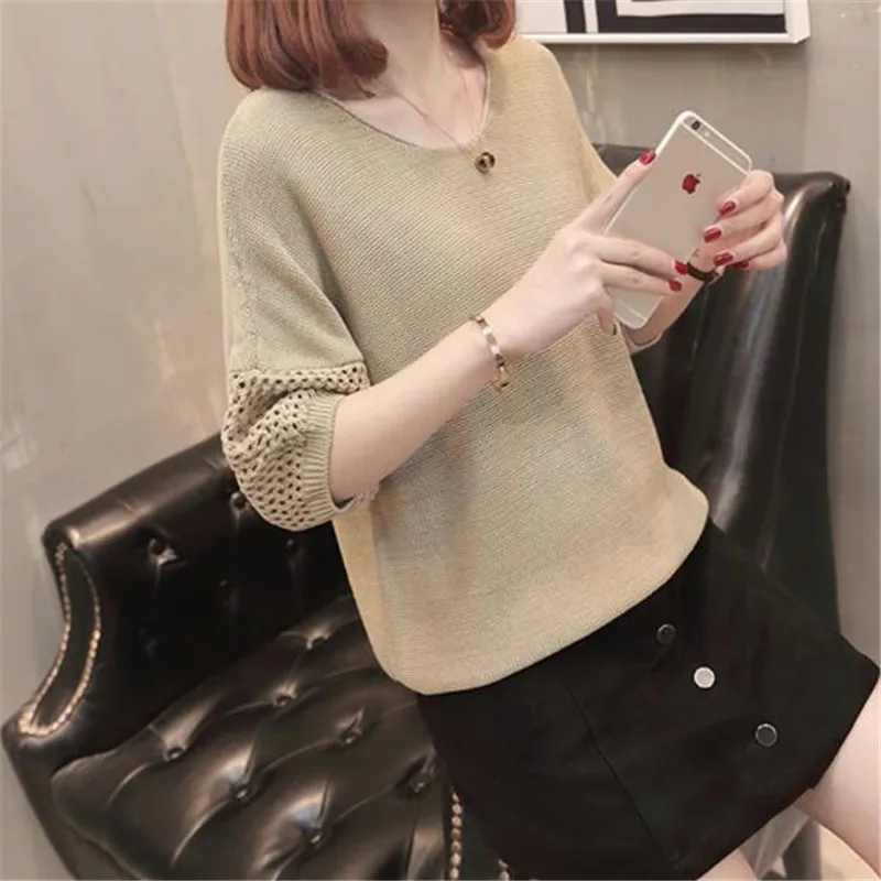 Women Spring / summer knit sweater Female New Fashion Loose Short-sleeved Clothes Thin Large Size Tops Jacket Pullover A0571 | Женская