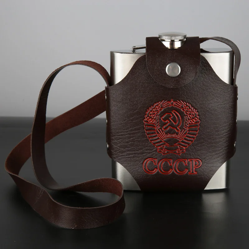 18oz Большая емкость 64 унции кожа утолщение 304 Нержавеющая сталь Доказательство чайник горшок хип фляга для виски бутылки вина подарки CCCP для Alcoho - Цвет: 18oz